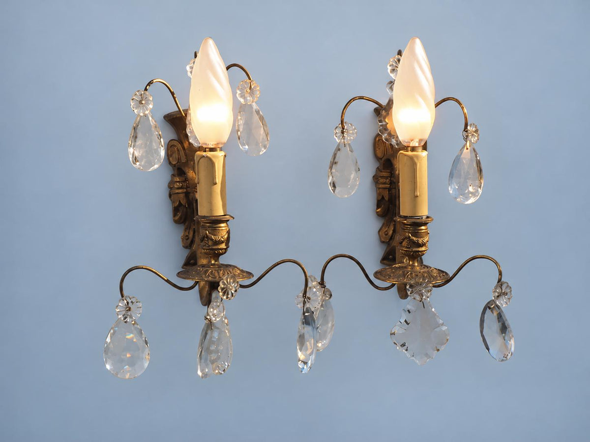 Vintage Pair of Girandole Wall Sconces, Attributed 19th Century, Gilt Metal with Faceted Glass Drops, Single Light, 33 cm