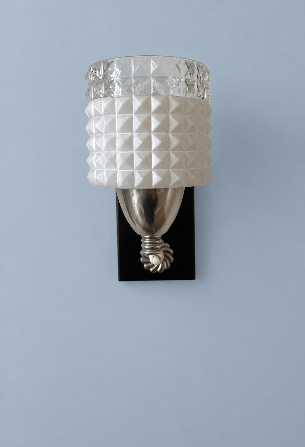 Vintage Chrome and Black Wall Sconce with Pyramid Glass Shade and Rosette Push Switch