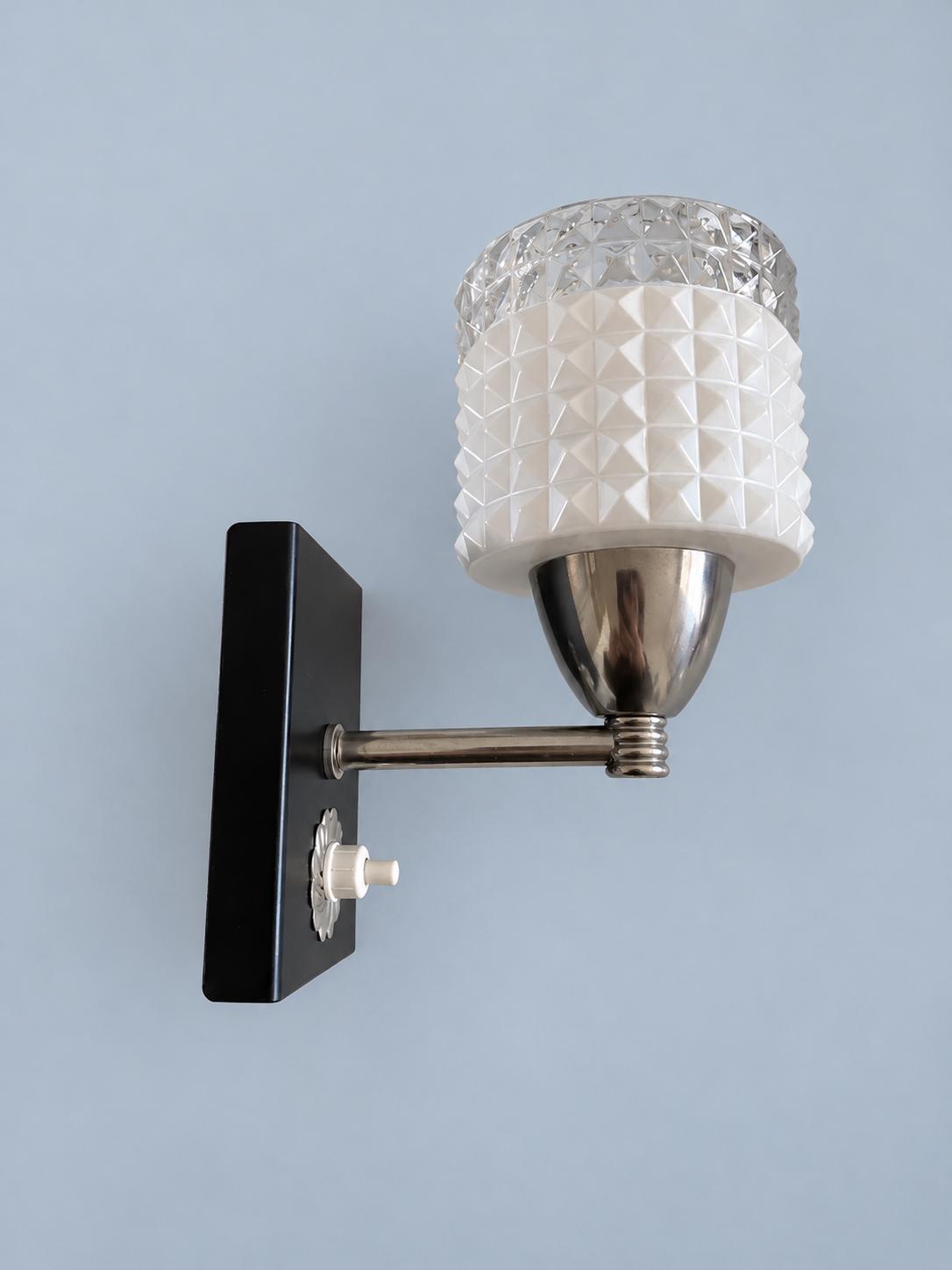 Vintage Chrome and Black Wall Sconce with Pyramid Glass Shade and Rosette Push Switch