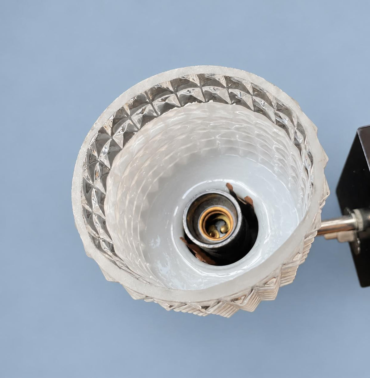 Vintage Chrome and Black Wall Sconce with Pyramid Glass Shade and Rosette Push Switch
