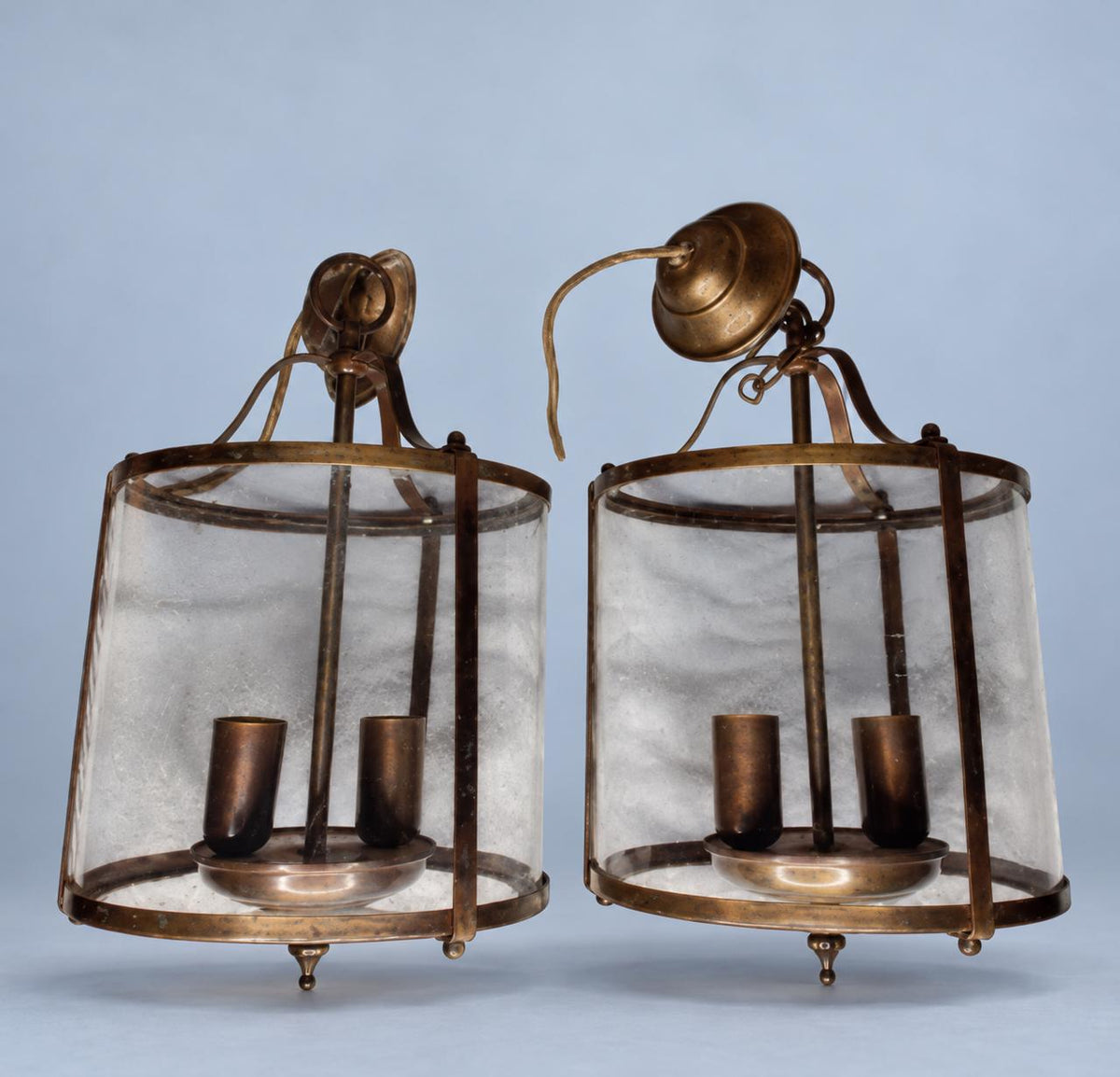 Vintage Pair of Brass Hall Lanterns, Attributed 1950s–60s, Directoire Style Glass Cylinder Pendants, Two Lights Each, 34 cm