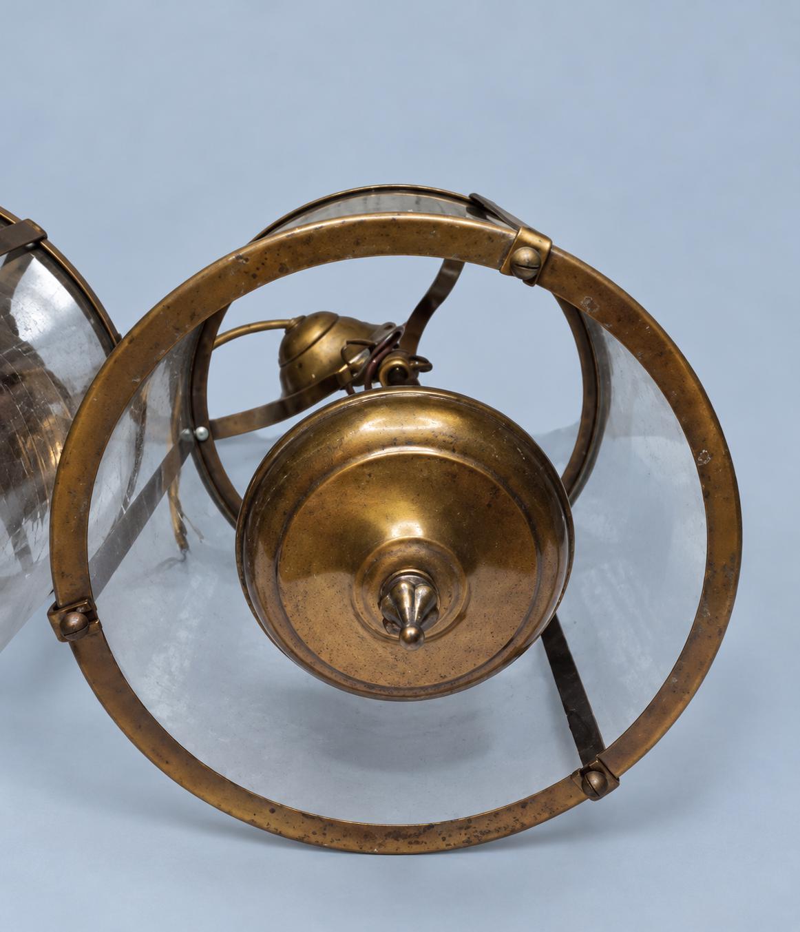 Vintage Pair of Brass Hall Lanterns, Attributed 1950s–60s, Directoire Style Glass Cylinder Pendants, Two Lights Each, 34 cm