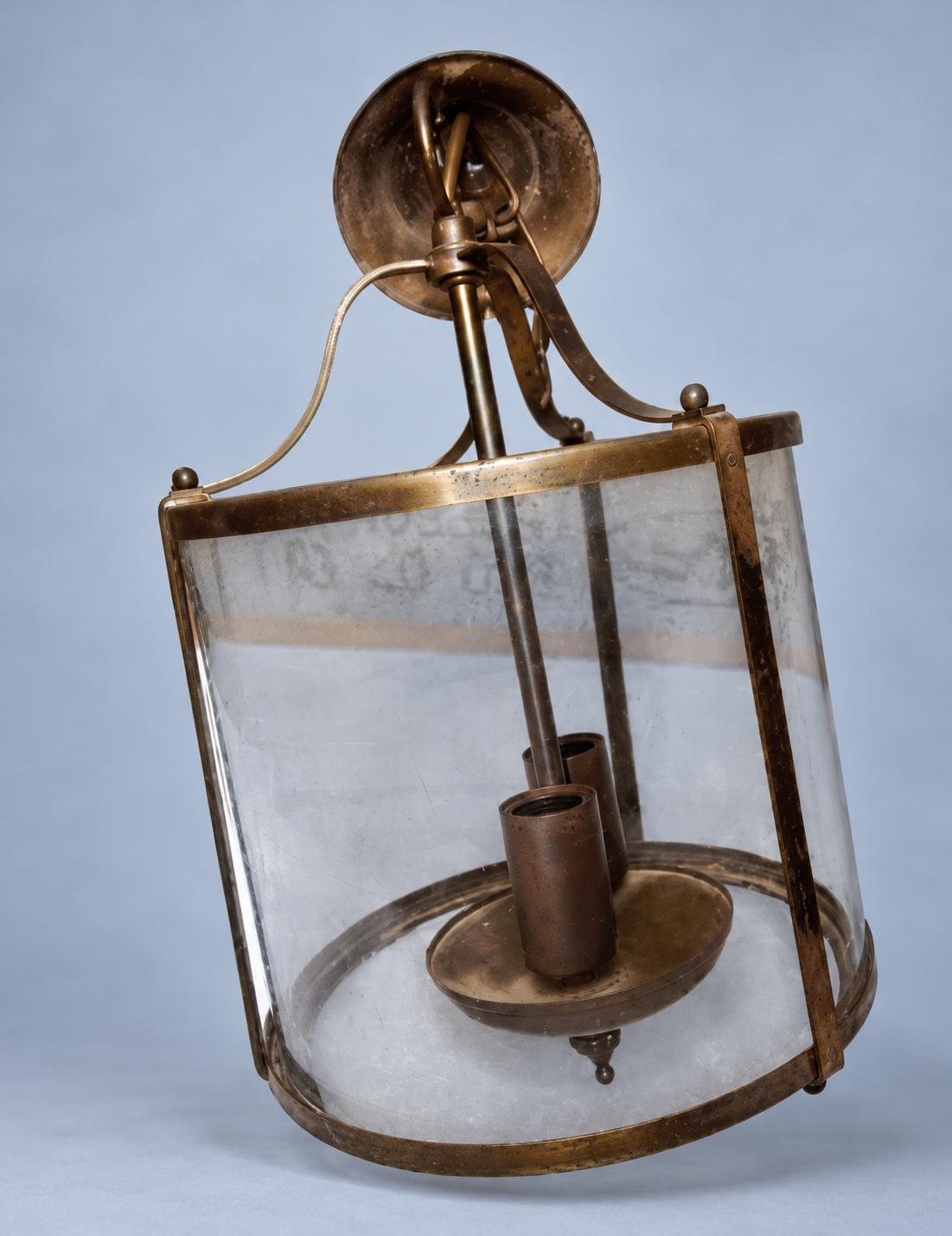 Vintage Pair of Brass Hall Lanterns, Attributed 1950s–60s, Directoire Style Glass Cylinder Pendants, Two Lights Each, 34 cm