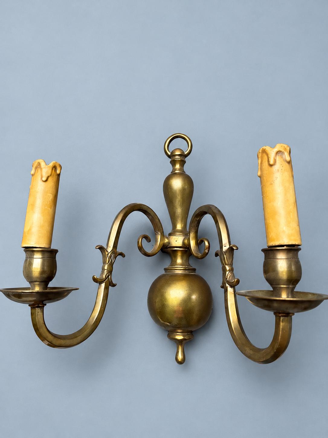 Vintage Pair of Brass Two-Light Wall Sconces, Dutch Baroque Style with Ball Body and Scroll Arms, 30 cm