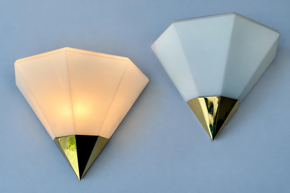 Vintage Pair of Geometric Wall Sconces, Attributed 1970s, Faceted White Glass Uplights with Polished Brass Points, 27 cm