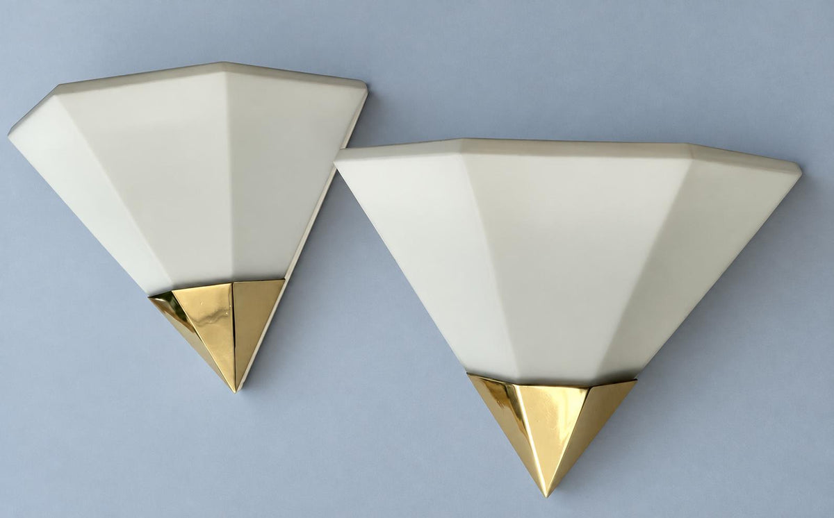 Vintage Pair of Geometric Wall Sconces, Attributed 1970s, Faceted White Glass Uplights with Polished Brass Points, 27 cm