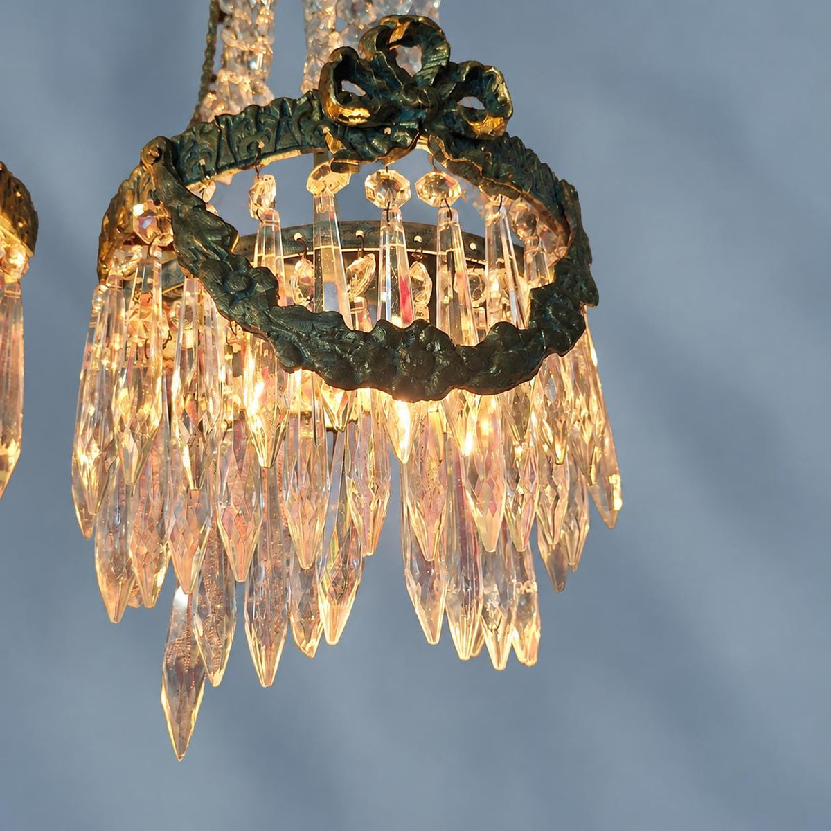 Vintage Pair of Hollywood Regency Beaded Wall Sconces, Empire Style Tent and Bag Design, Brass Frames with Faceted Glass Drops, 42 cm