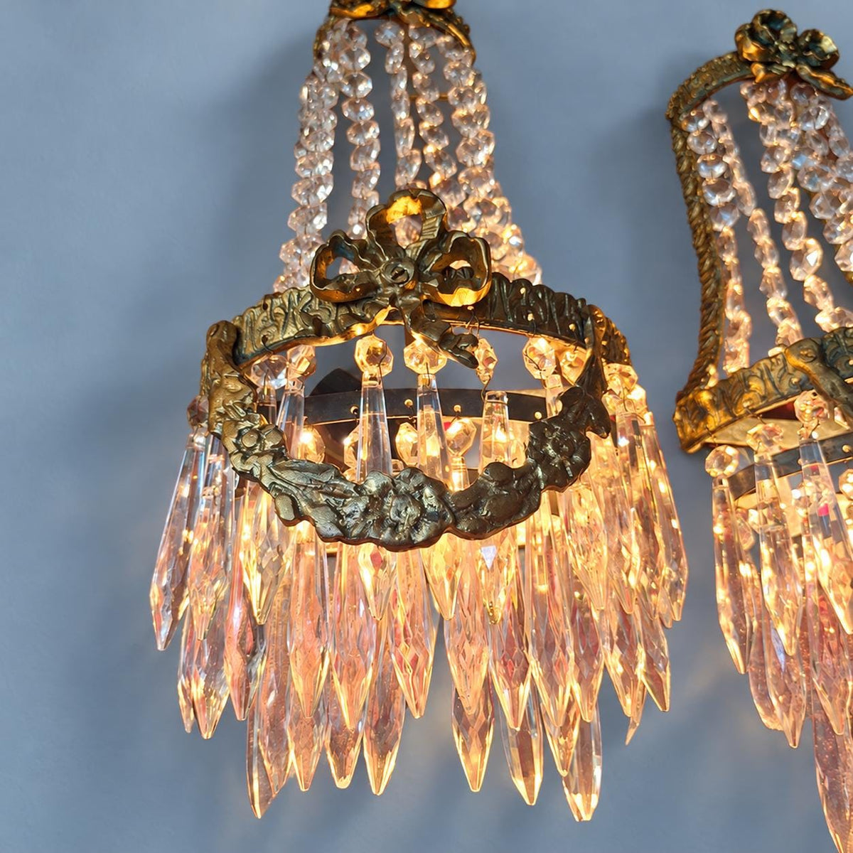 Vintage Pair of Hollywood Regency Beaded Wall Sconces, Empire Style Tent and Bag Design, Brass Frames with Faceted Glass Drops, 42 cm