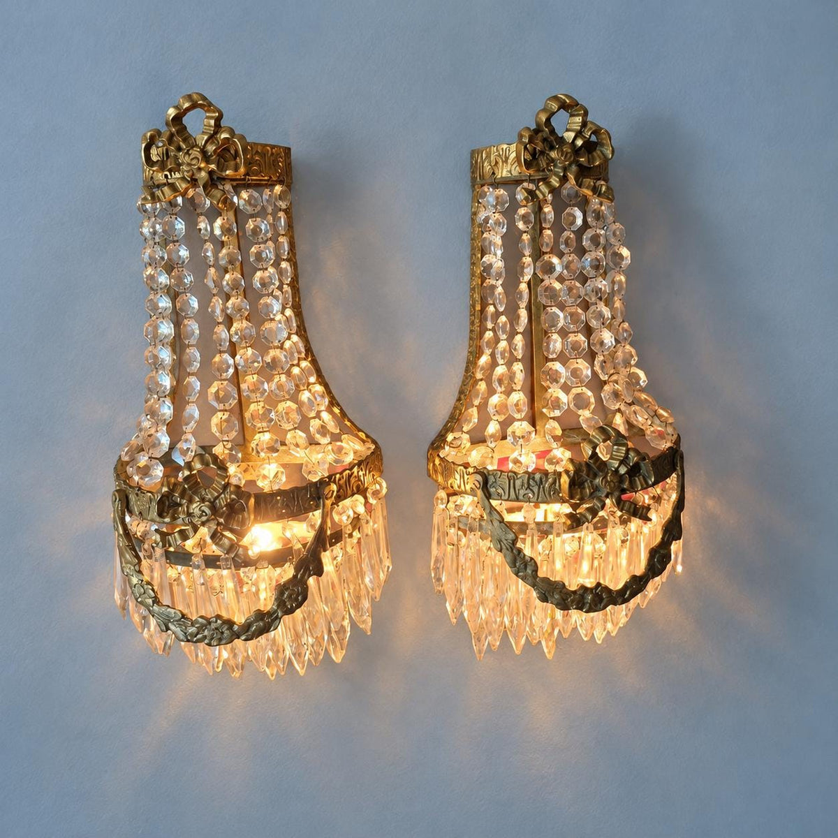 Vintage Pair of Hollywood Regency Beaded Wall Sconces, Empire Style Tent and Bag Design, Brass Frames with Faceted Glass Drops, 42 cm