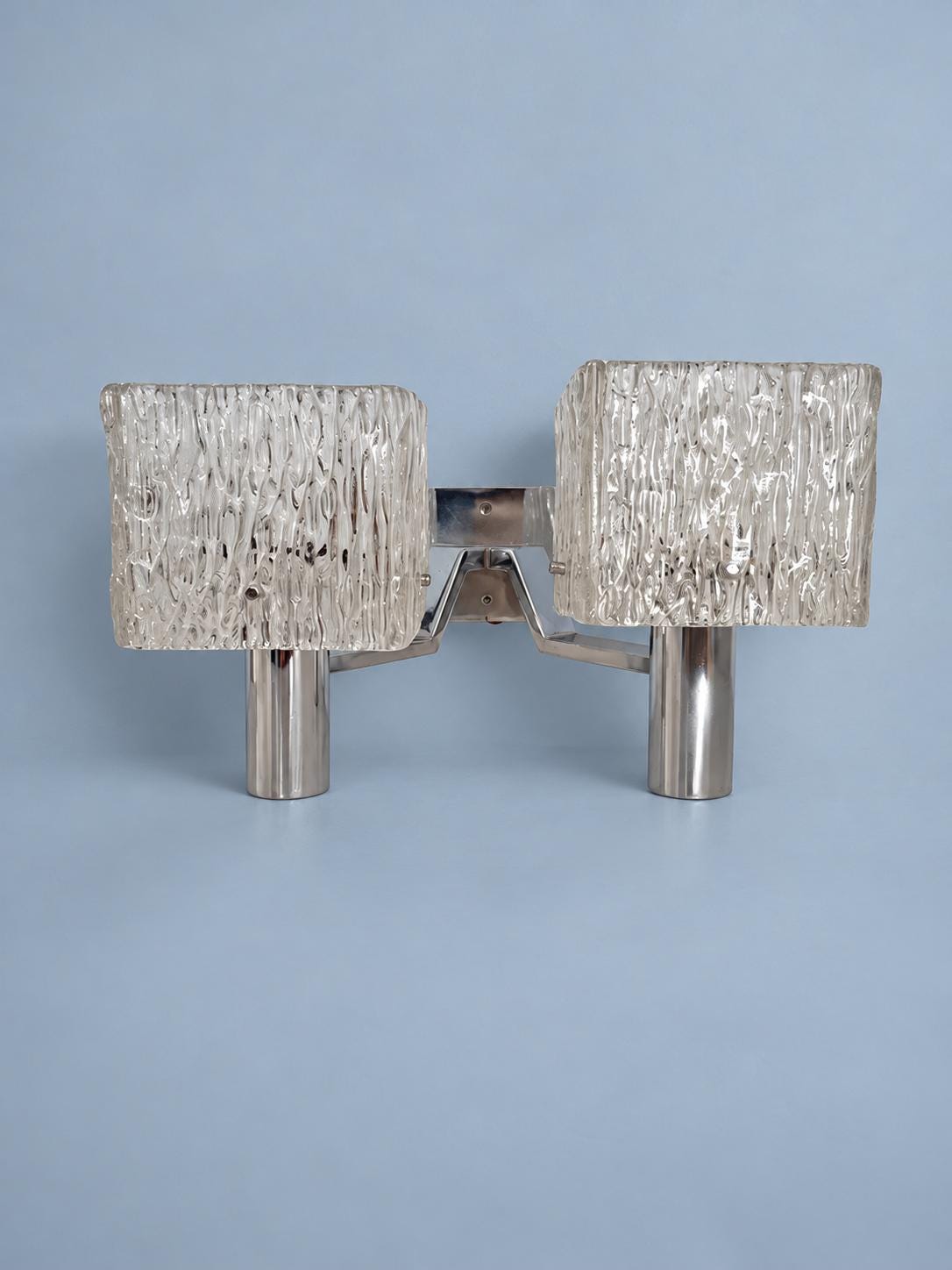 Vintage Double Wall Sconce, Attributed 1970s, Cube Ice Glass Shades on Chrome-Finish Arms, 35 cm