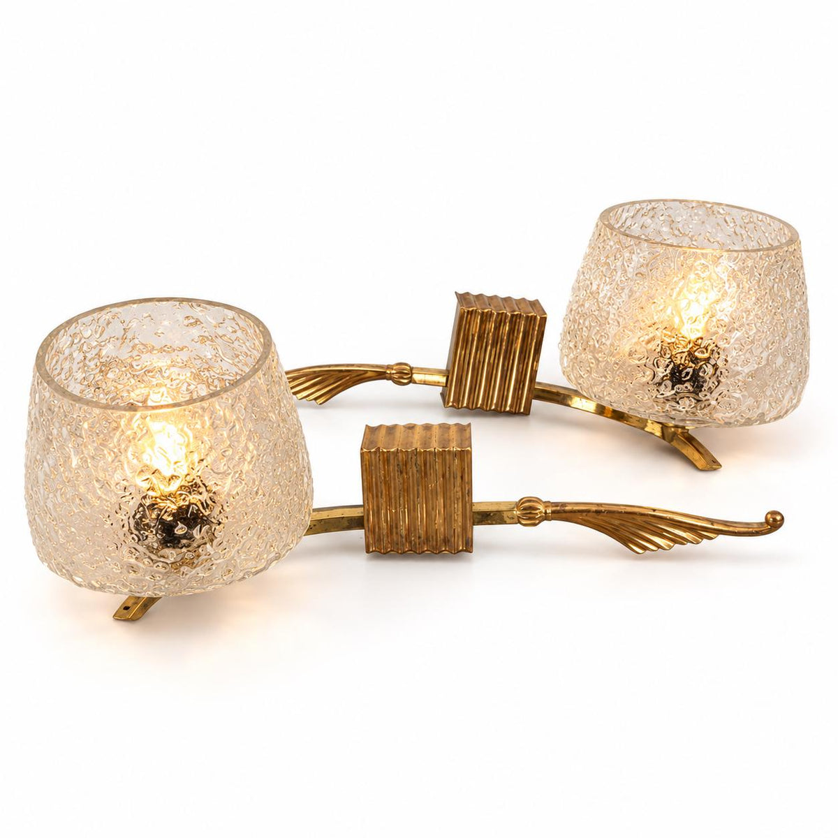 Vintage Pair of Brass Wall Sconces, Attributed 1960s–70s, Leaf Arms with Textured Bubble Glass Shades, 37 cm