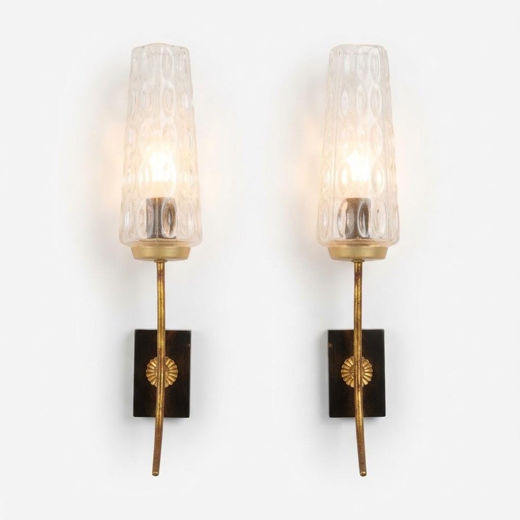 Vintage Pair of Brass Wall Sconces, Attributed 1950s–60s, Tall Pressed Glass Shades on Black Wall Plates with Rosettes, 34 cm