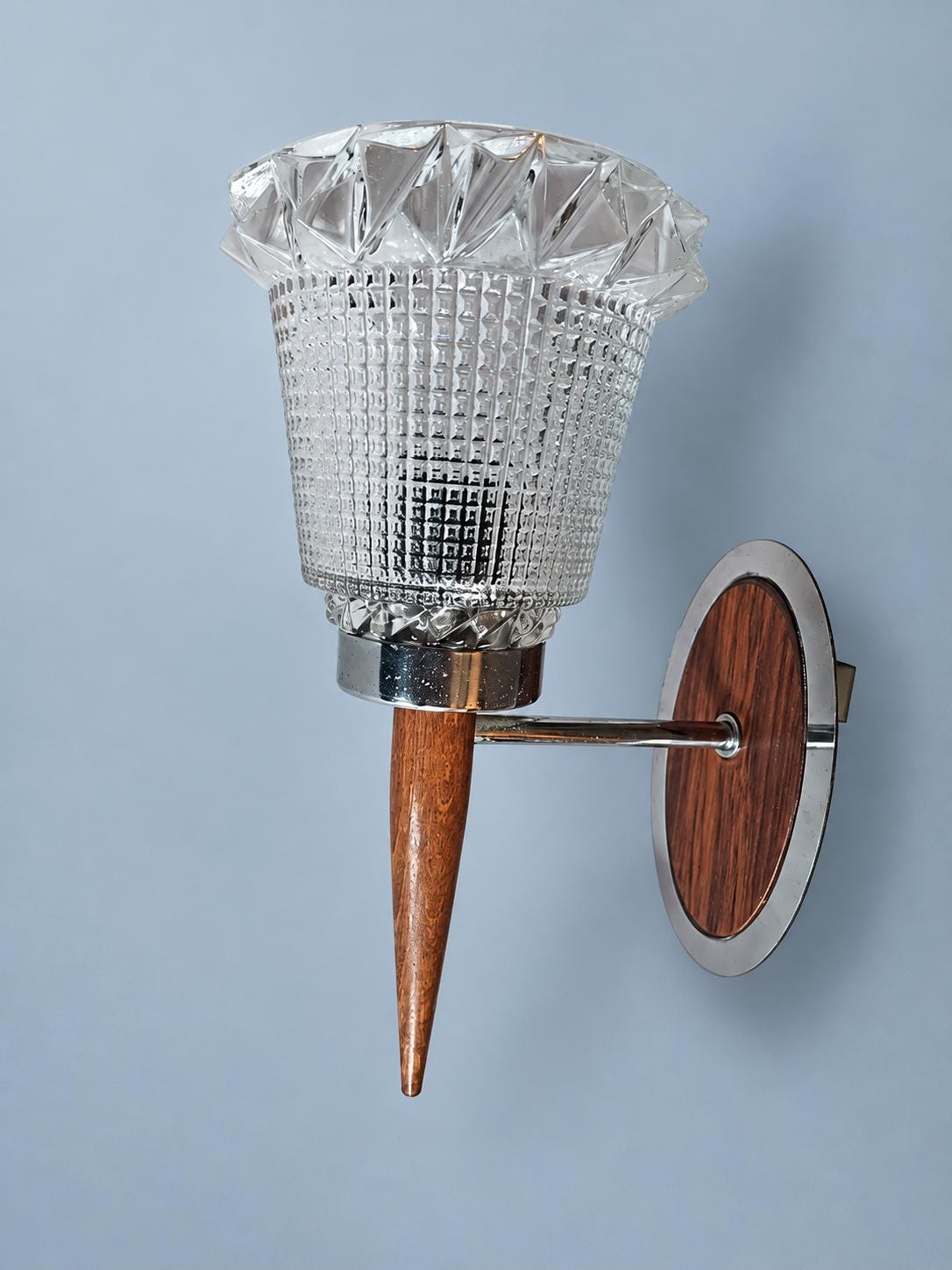 Vintage Mid-Century Wall Sconce, Wood and Chrome-Finish Torch Form with Textured Glass Tulip Shade, 22.5 cm