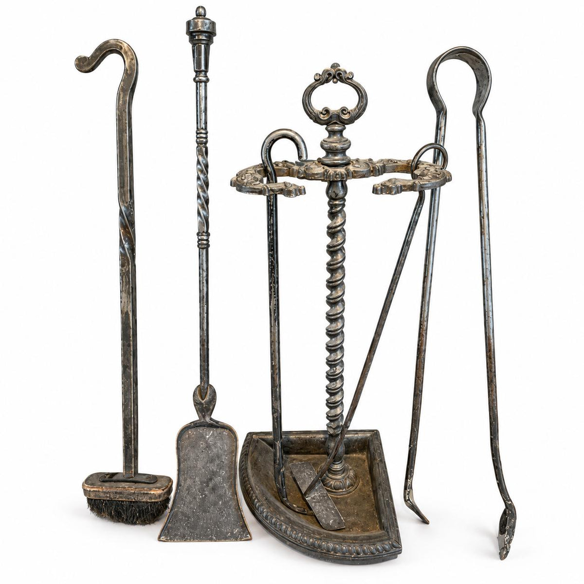 Vintage Fireplace Tool Set with Stand, Iron Companion Set with Twisted Handles, Shovel, Tongs, Poker and Brush, 60 cm