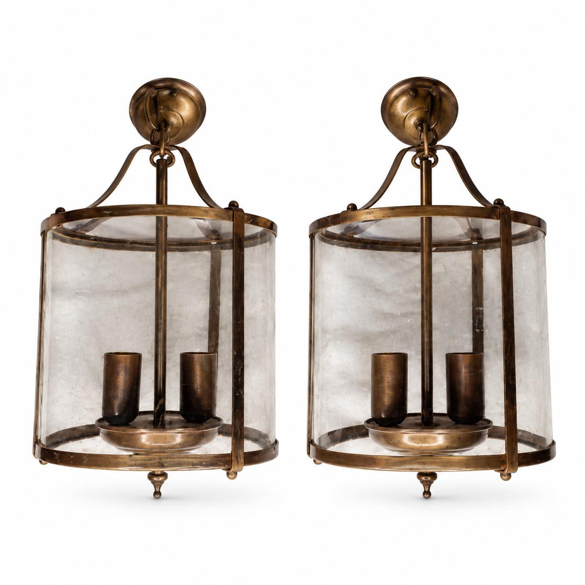 Vintage Pair of Brass Hall Lanterns, Attributed 1950s–60s, Directoire Style Glass Cylinder Pendants, Two Lights Each, 34 cm