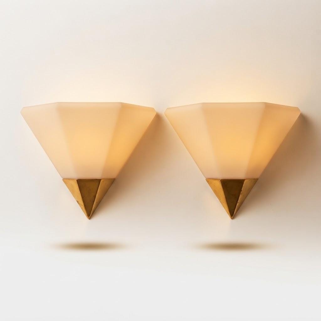 Vintage Pair of Geometric Wall Sconces, Attributed 1970s, Faceted White Glass Uplights with Polished Brass Points, 27 cm