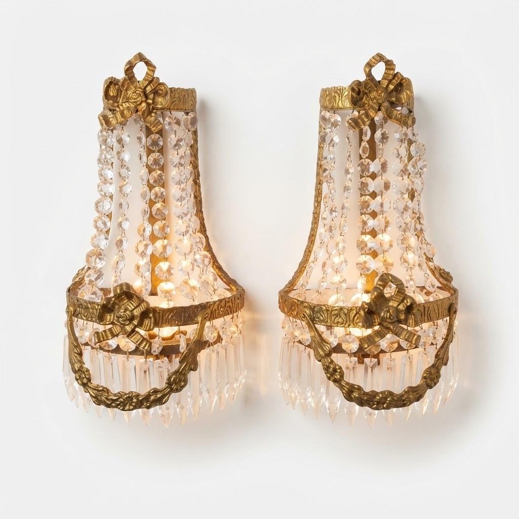 Vintage Pair of Hollywood Regency Beaded Wall Sconces, Empire Style Tent and Bag Design, Brass Frames with Faceted Glass Drops, 42 cm