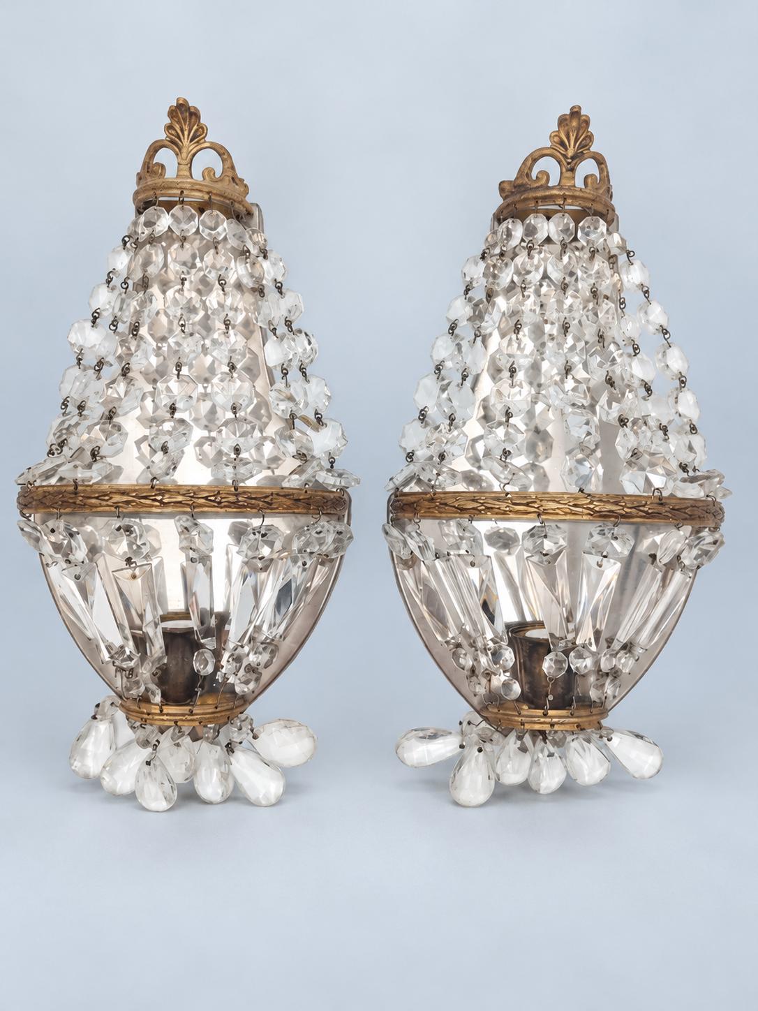 Vintage Pair of Empire Style Beaded Wall Sconces, Gilt Metal Palmette Crest with Faceted Glass Drops, 35 cm