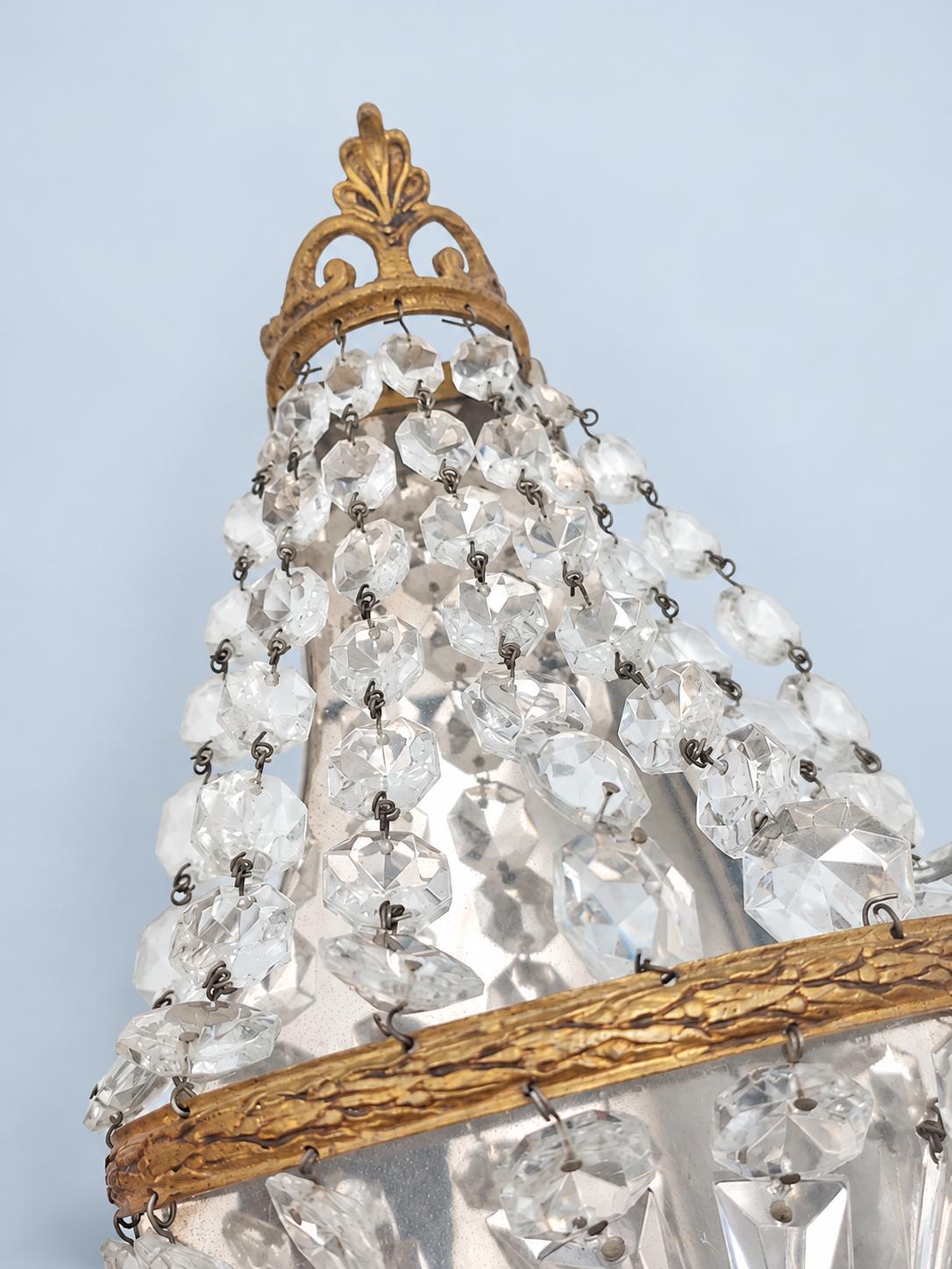 Vintage Pair of Empire Style Beaded Wall Sconces, Gilt Metal Palmette Crest with Faceted Glass Drops, 35 cm