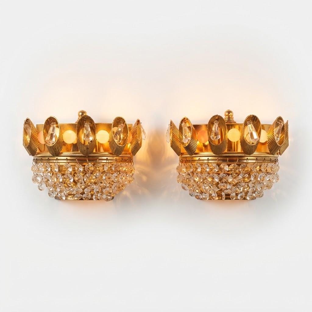 Vintage Pair of Hollywood Regency Wall Sconces, Gold-Tone Brass Crown with Faceted Glass Drops and Beaded Basket, 21 cm