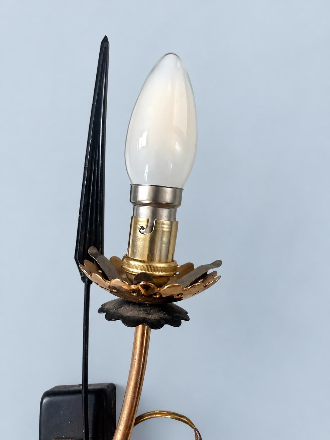 Vintage Black and Brass Wall Sconce, 1950s–60s Style Curved Stem with Reed Leaf and Flower Bobèche, Candle Bulb, 35 cm