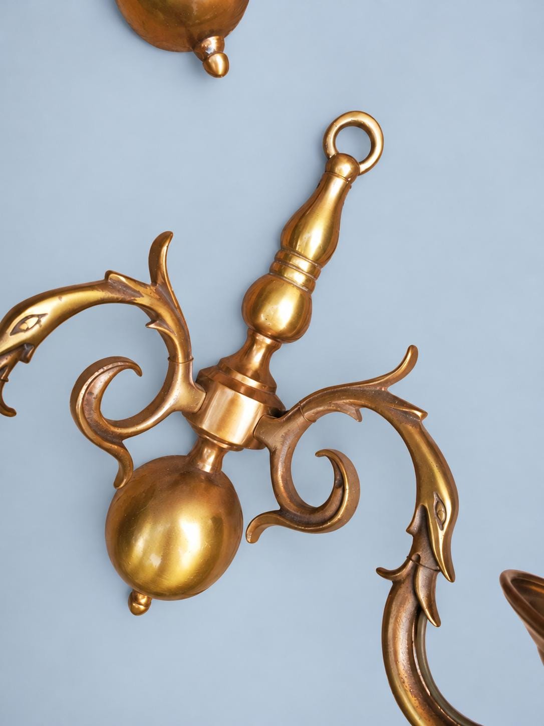 Vintage Pair of Dutch Style Wall Sconces, Gilt Metal Ball Body with Dragon-Head Scroll Arms, Two Candle Lights Each