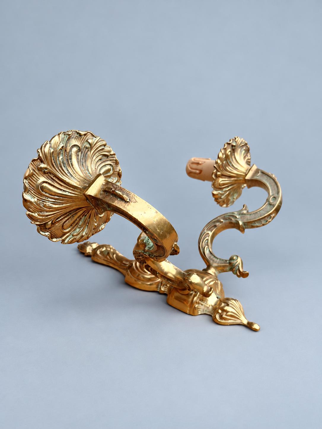 Vintage Pair of Louis XV Rocaille Style Wall Sconces, Attributed Mid-20th Century, Gilt Metal with Two Candle Lights Each, 30 cm