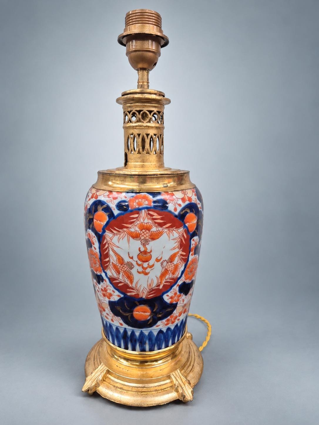 Imari Palette Ceramic Vase Lamp in Gilt Metal Mounts, Pierced Gallery Collar and Scroll-Foot Base, 45 cm