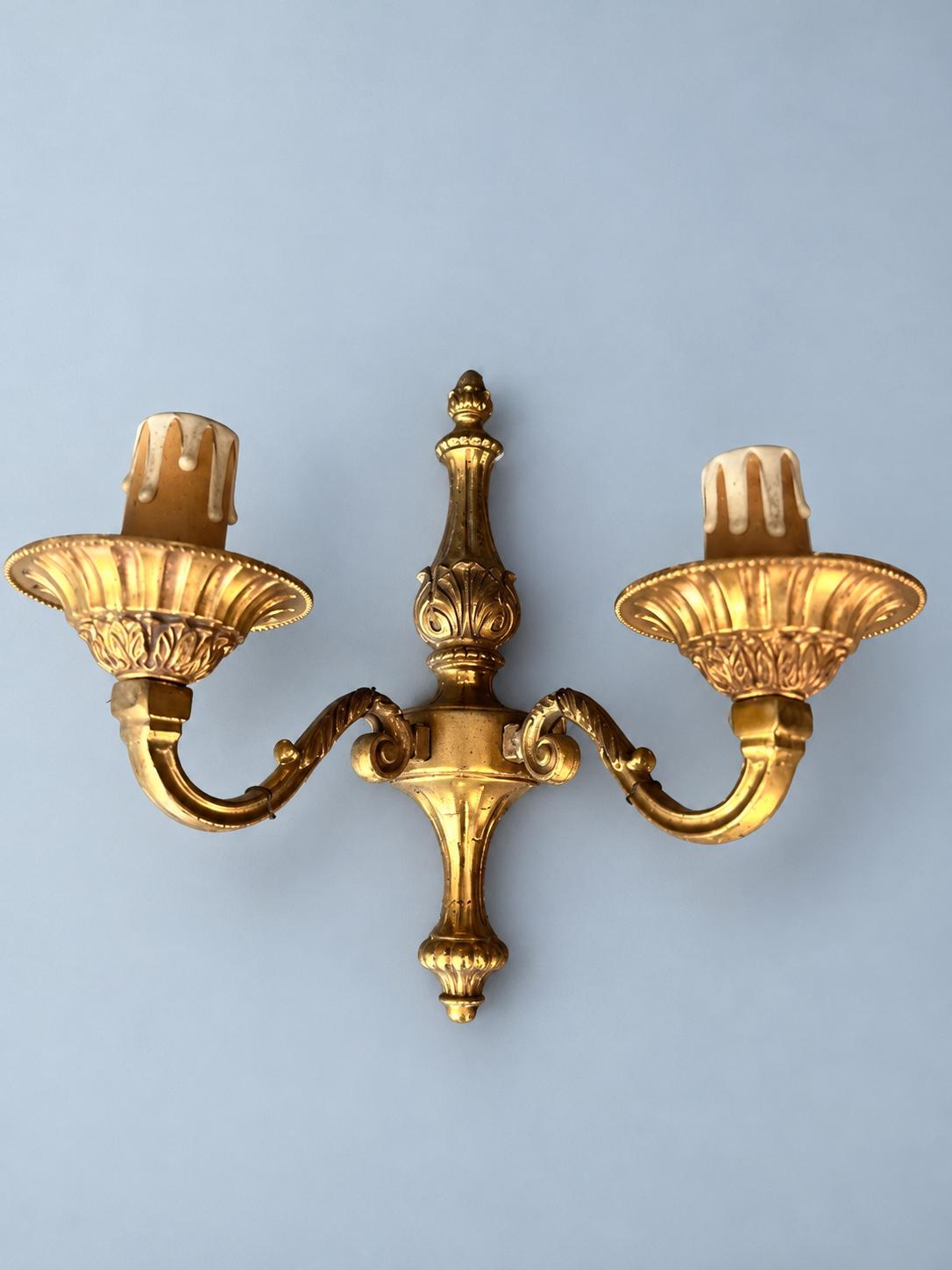Vintage Pair of Louis XVI Style Brass Wall Sconces, Urn Body with Fluted Bobèches, Two Candle Lights Each, 24 cm