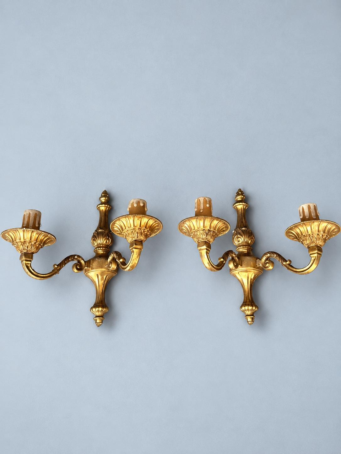 Vintage Pair of Louis XVI Style Brass Wall Sconces, Urn Body with Fluted Bobèches, Two Candle Lights Each, 24 cm