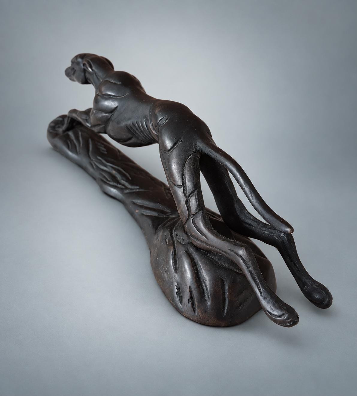 Art Deco Style Running Greyhound Figure, Black Patinated Metal on Naturalistic Base, Desk Sculpture