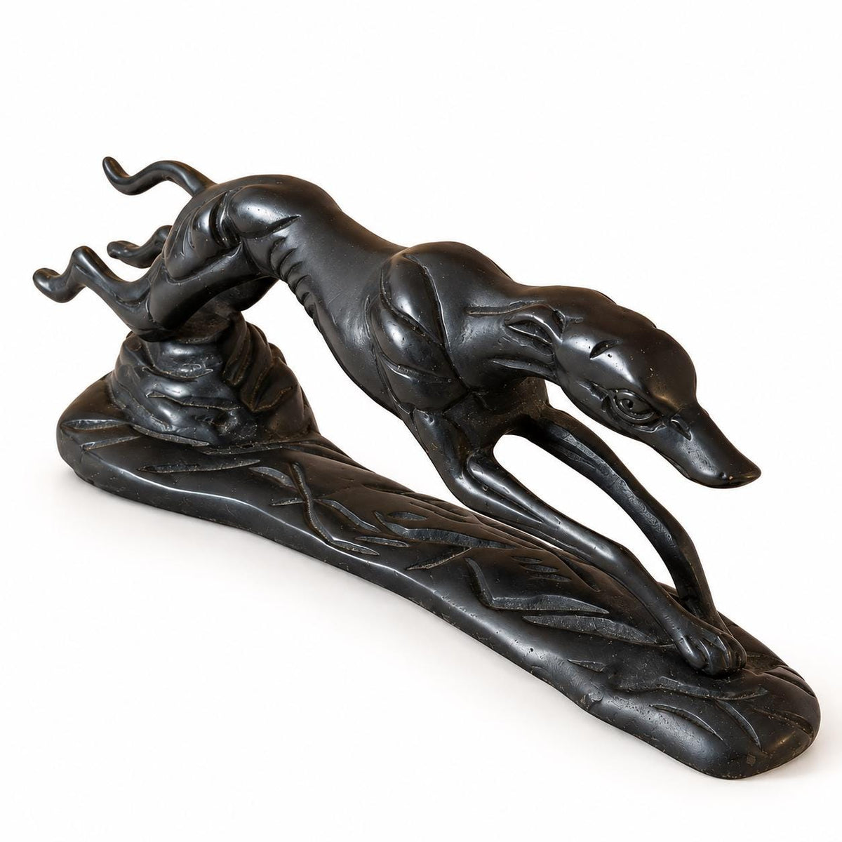 Art Deco Style Running Greyhound Figure, Black Patinated Metal on Naturalistic Base, Desk Sculpture