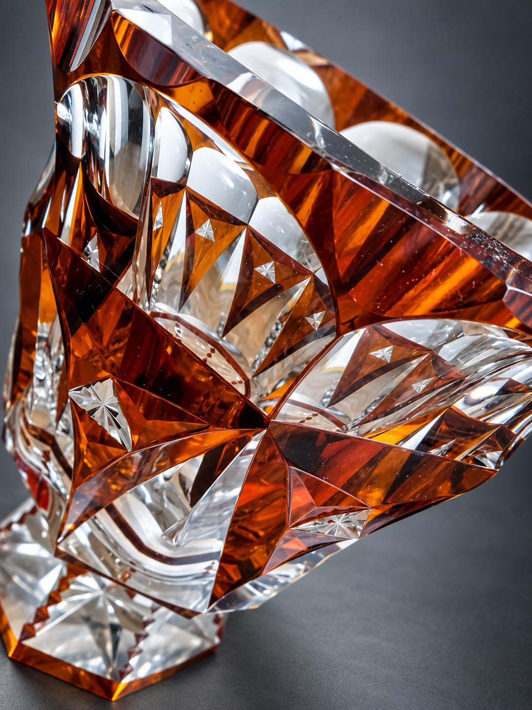 Art Deco Style Amber Cut-to-Clear Glass Vase, Heavy Geometric Cutting with Star Points, Hexagonal Foot