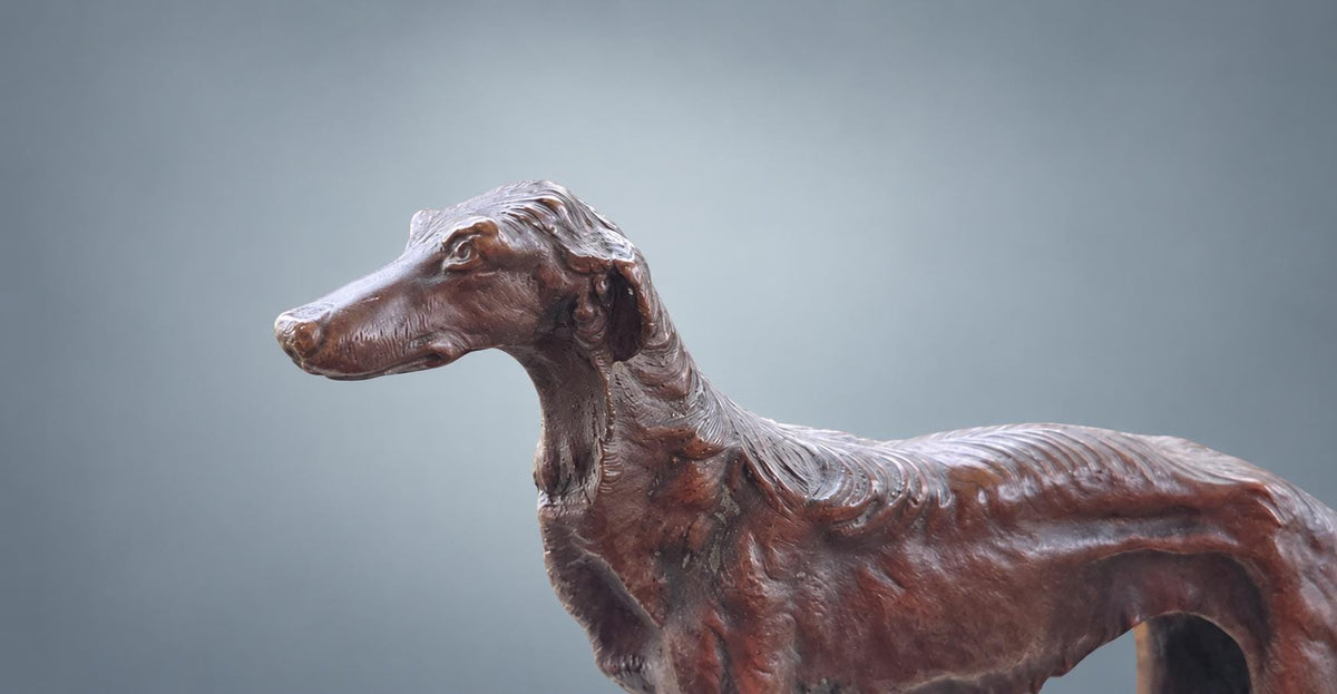 Standing Borzoi Figure in Brown Patinated Metal on Speckled Rectangular Base, Animalier Style Dog Sculpture