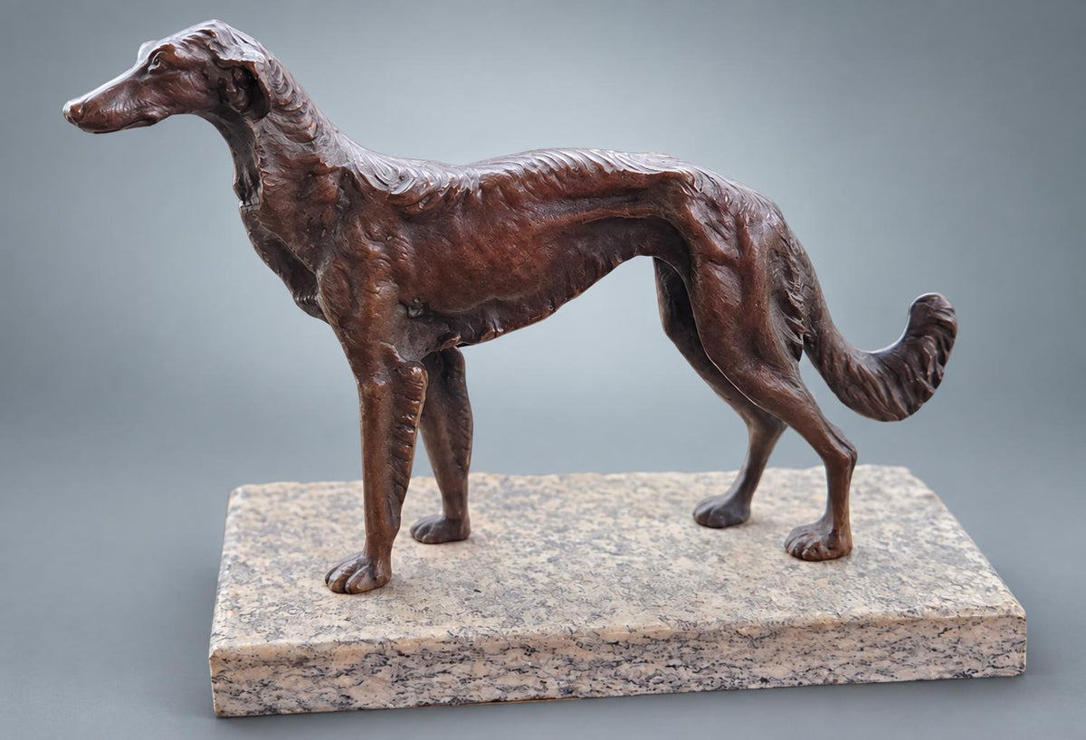 Standing Borzoi Figure in Brown Patinated Metal on Speckled Rectangular Base, Animalier Style Dog Sculpture