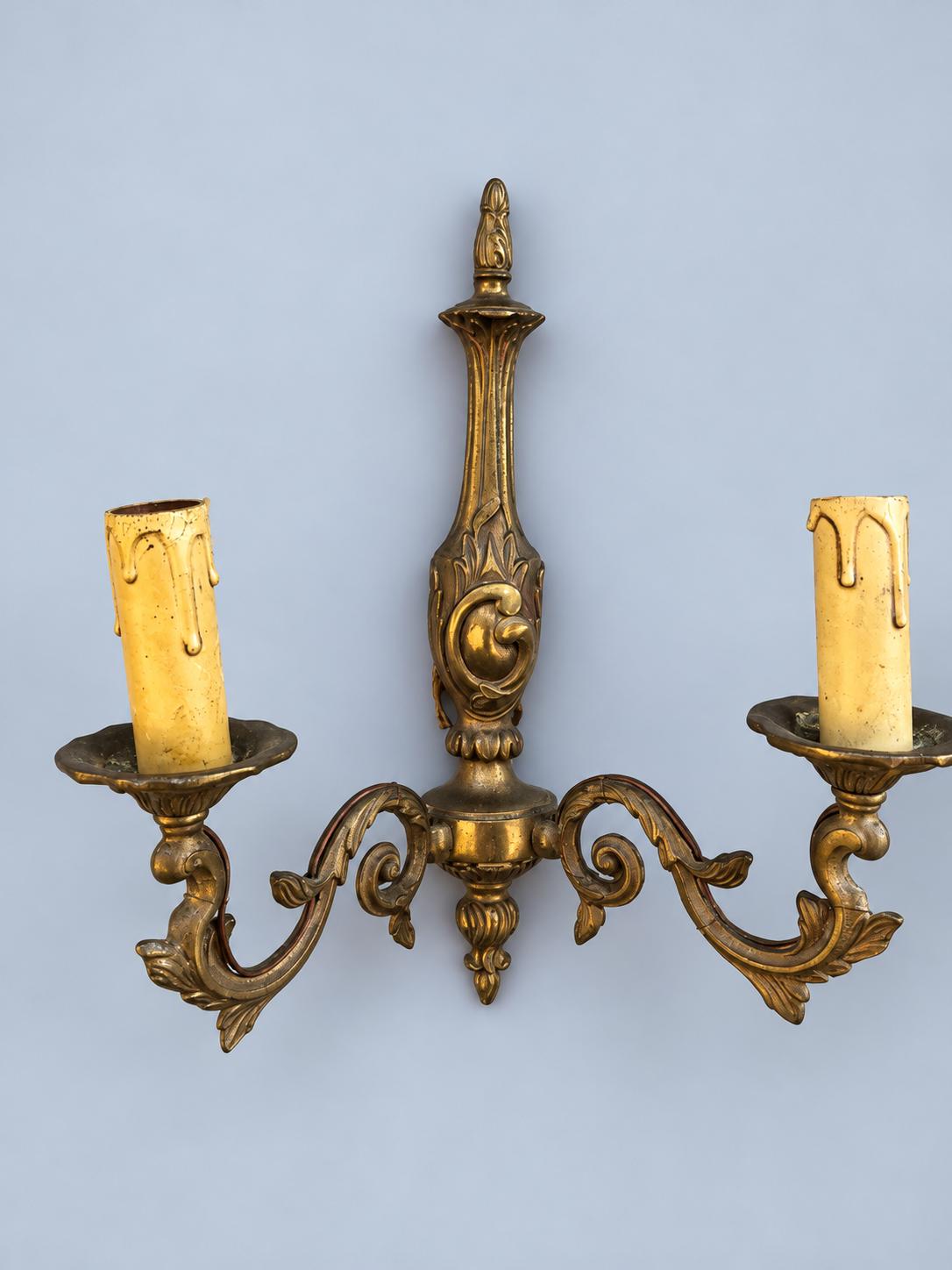 Vintage Pair of Louis XV Style Wall Sconces, Patinated Metal Baluster Body with Flame Finial, Two Candle Lights Each, 31 cm
