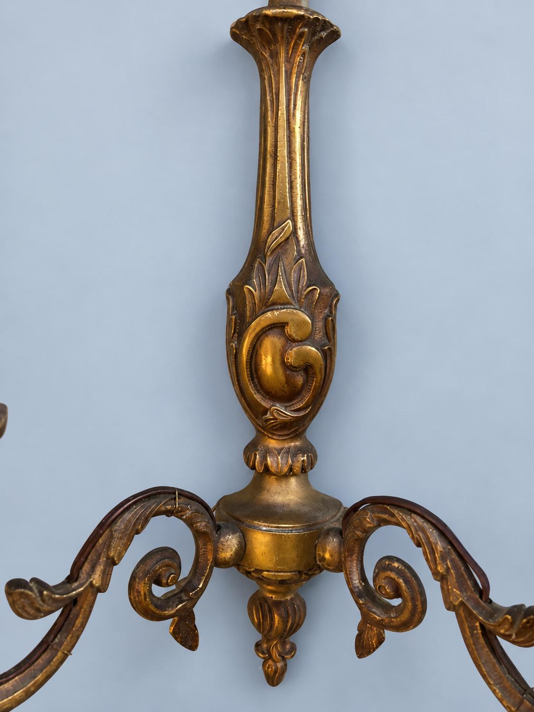 Vintage Pair of Louis XV Style Wall Sconces, Patinated Metal Baluster Body with Flame Finial, Two Candle Lights Each, 31 cm