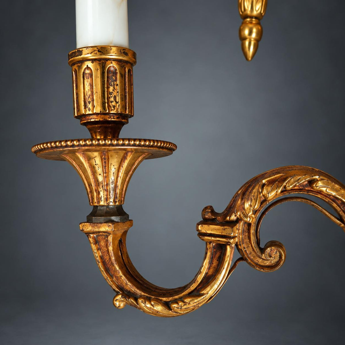 Pair of Louis XVI Style Two-Arm Wall Sconces, Gilt Metal with Urn Finials, Four Red Clip-On Shades with Gold Braid