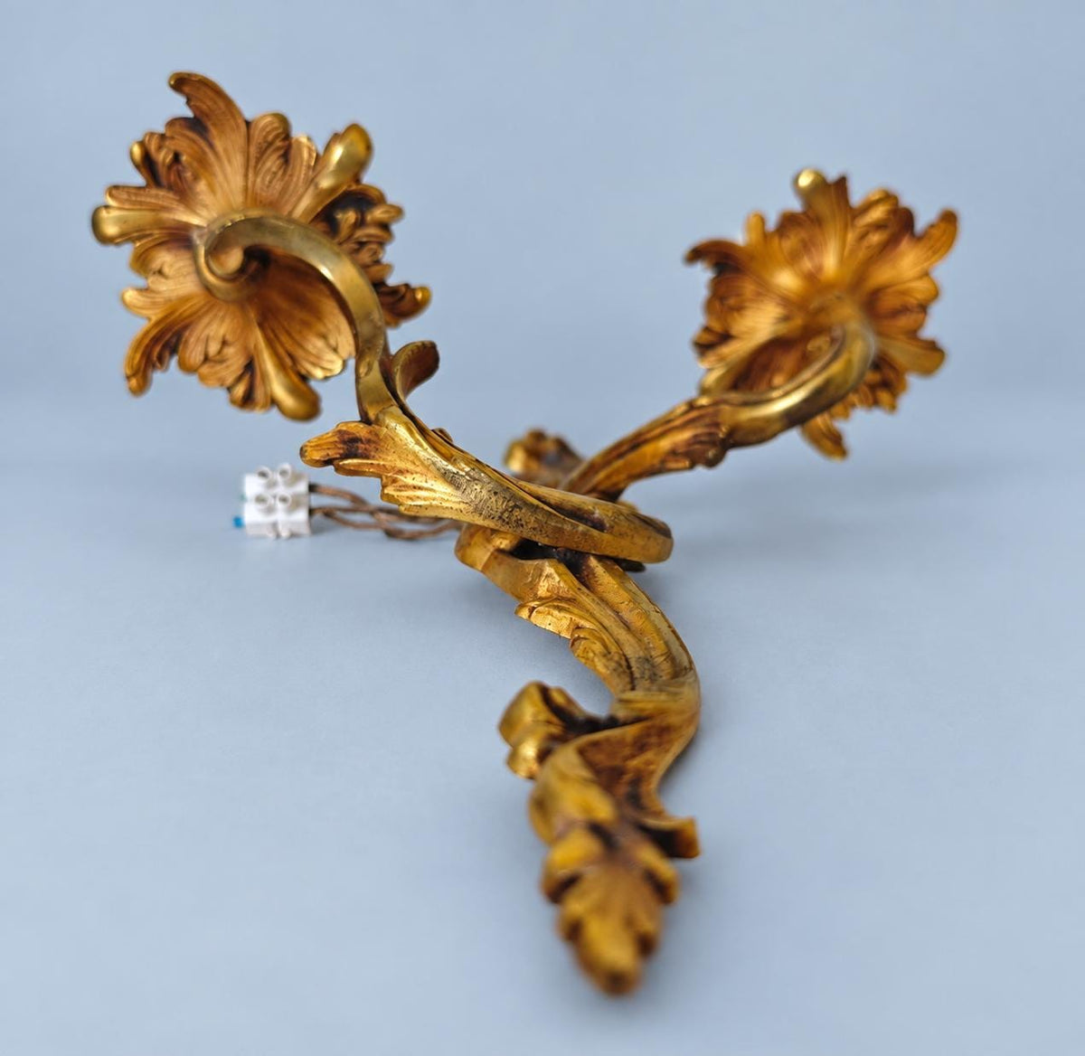 Vintage Louis XV Style Gilt Metal Wall Sconce, Rocaille Scrolls with Two Candle Lights, 38 cm