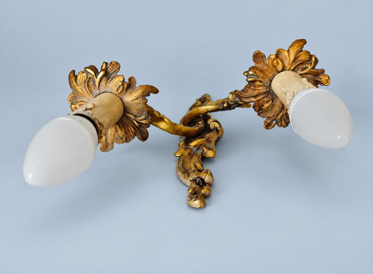 Vintage Louis XV Style Gilt Metal Wall Sconce, Rocaille Scrolls with Two Candle Lights, 38 cm
