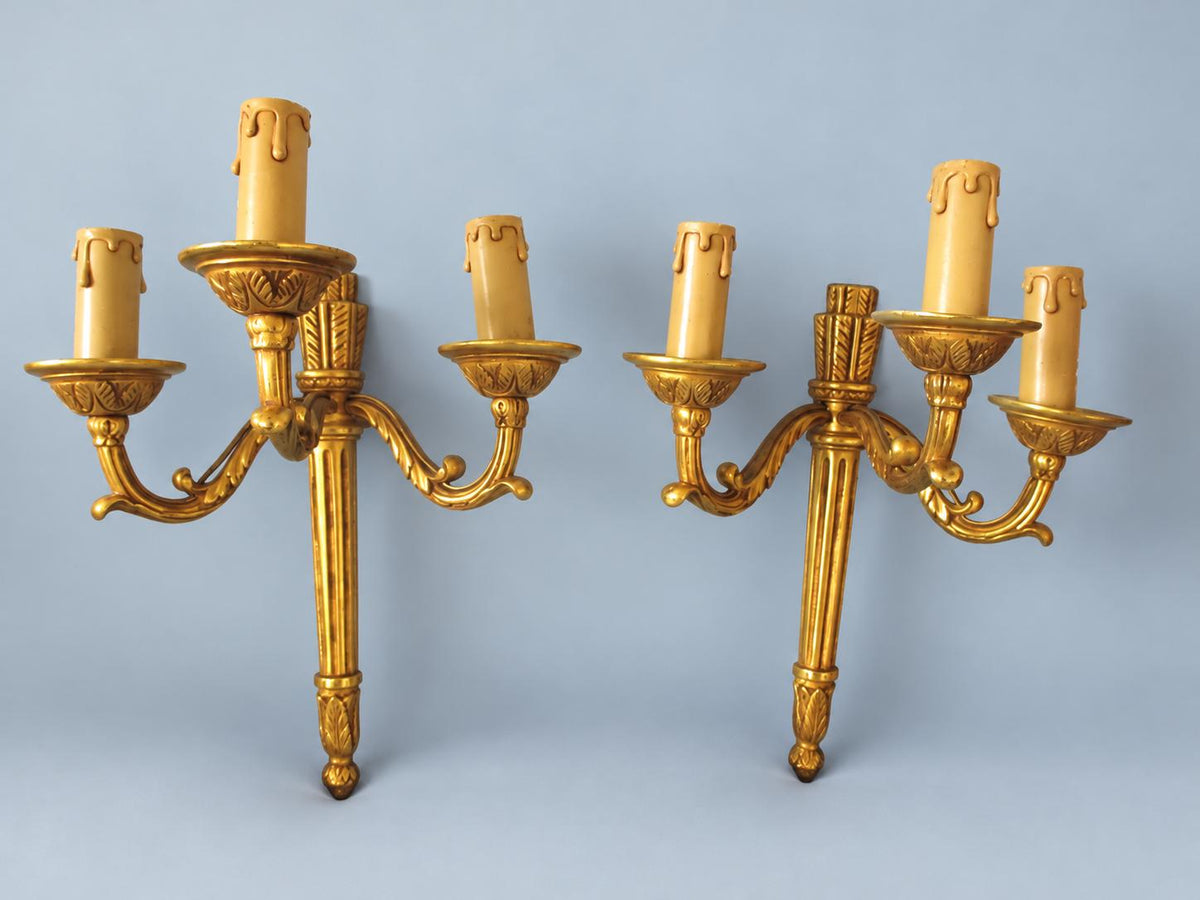 Vintage Pair of Empire Style Quiver and Arrow Wall Sconces, Gilt Metal, Three Candle Lights Each, 34 cm