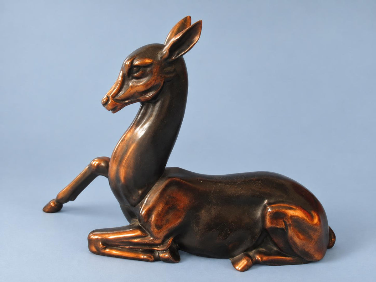 Vintage Art Deco Style Reclining Doe Statuette, Copper-Tone Metal, Stylized Deer Figure, 22 cm