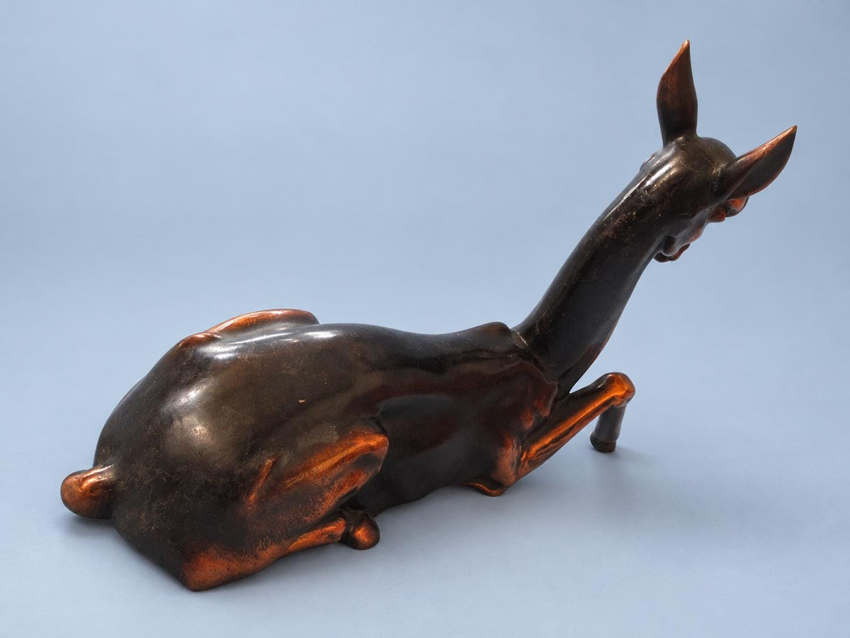 Vintage Art Deco Style Reclining Doe Statuette, Copper-Tone Metal, Stylized Deer Figure, 22 cm