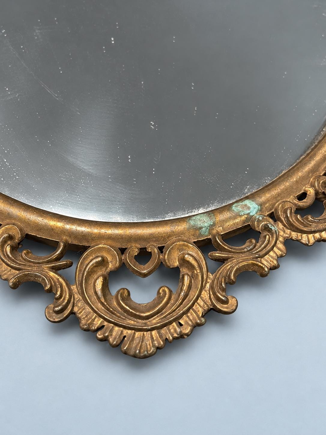 Vintage Oval Wall Mirror with Openwork Scrolled Brass-Tone Frame, Baroque Hollywood Regency Style, 40 × 29 cm