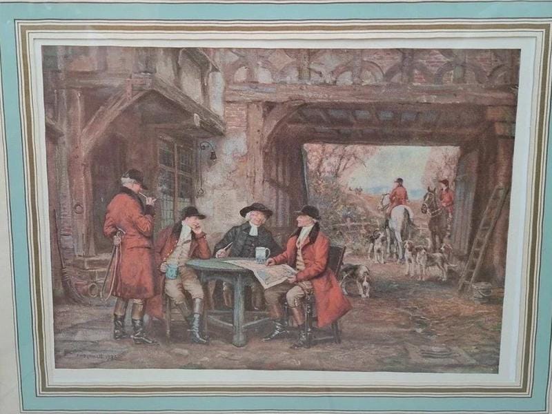 Framed English Hunting Scene Print, Huntsmen in Red Coats Gathered at a Country Inn with Hounds, Wood Frame, 51 × 41 cm