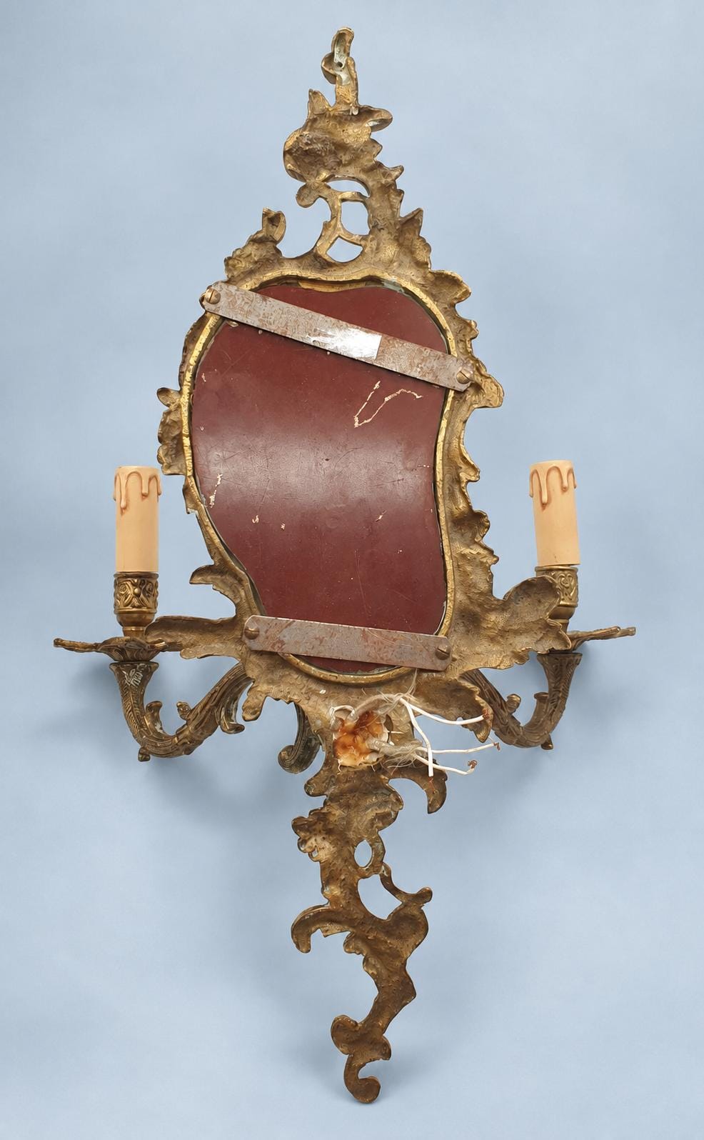 Vintage Louis XV Style Mirror Wall Sconce, Rocaille Frame with Small Mirror Plate, Two Candle Lights, 51 cm