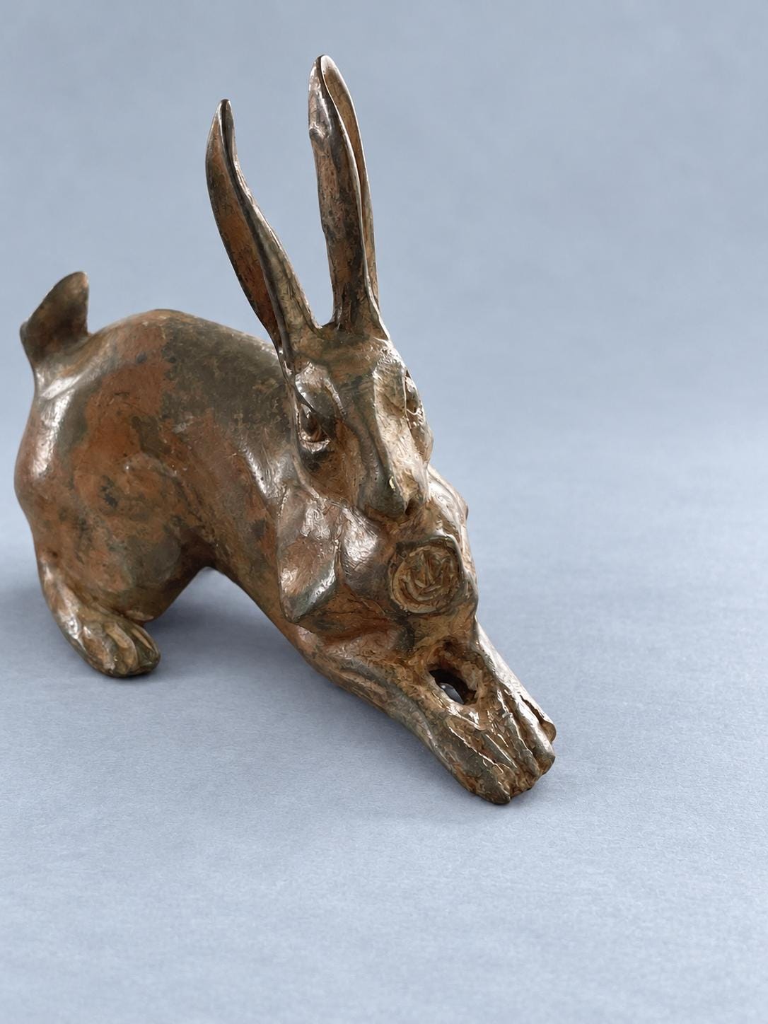 Vintage Crouching Rabbit Sculpture, Patinated Metal with Mottled Brown and Green Patina, Animalier Style, 12 cm