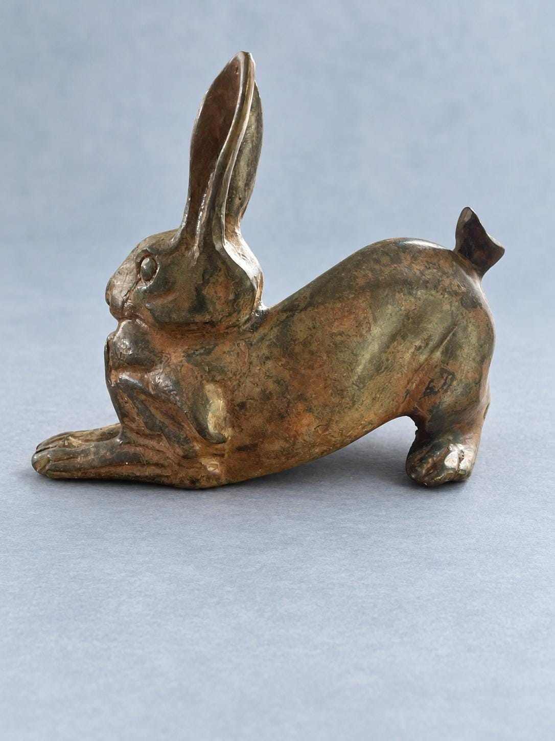 Vintage Crouching Rabbit Sculpture, Patinated Metal with Mottled Brown and Green Patina, Animalier Style, 12 cm