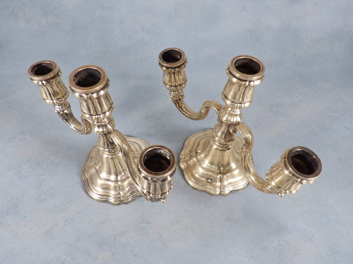 Vintage Pair of Silver-Tone Three-Light Candelabra, Baroque Style Lobed Bases and Scroll Arms, Low Table Height, 19.5 cm