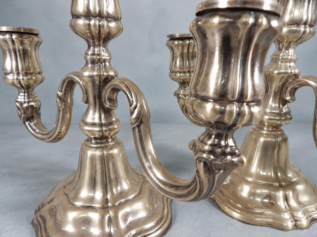 Vintage Pair of Silver-Tone Three-Light Candelabra, Baroque Style Lobed Bases and Scroll Arms, Low Table Height, 19.5 cm